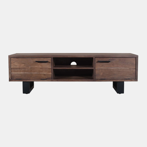 Solid acacia wood media cabinet in charcoal brown finish.