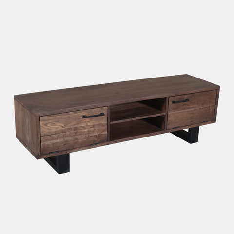 Solid acacia wood media cabinet in charcoal brown finish.