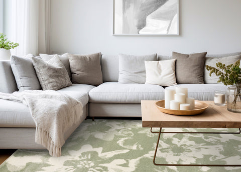 Eclipse Rug - Floral Green in living room setting