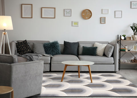 Ella Plush Rug - Grey Ombre Geometric in living room setting