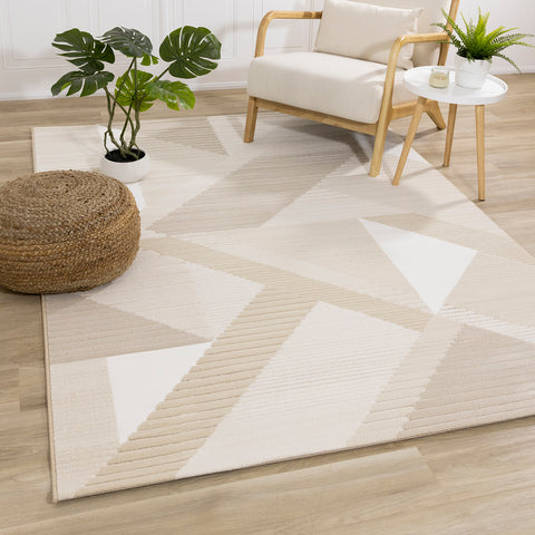 Ella Plush Rug - Cream Geometric in living room setting