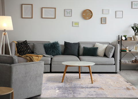 Emory Distressed Rug - Taupe in living room setting