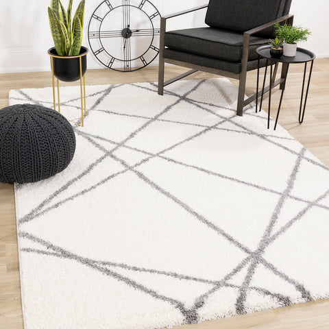 Fergus Shag Rug - Cream Grey Geometric Lines in living room setting