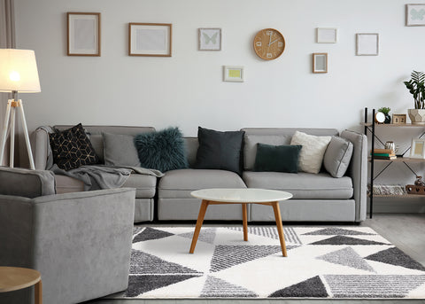 Fergus Shag Rug - Grey Triangles in living room setting