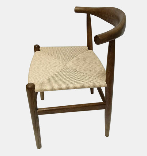 Solid ash wood dining chair with curved back and woven natural cord seat.