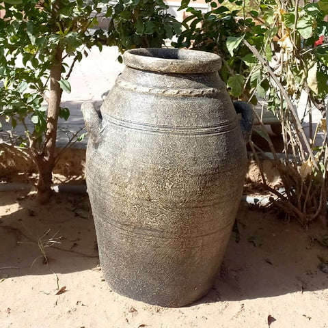 Grey brown terracotta vase amphora style with 2 handles.