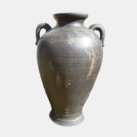 Dark grey terracotta vase amphora style with 2 handles and small opening.