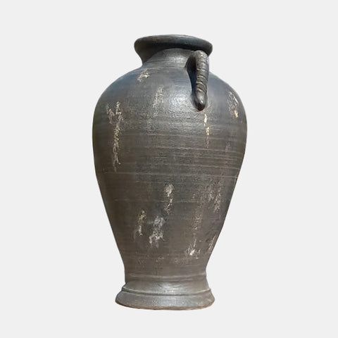 Dark grey terracotta vase amphora style with 2 handles and small opening.