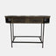 Console table in solid mango wood in dark olive finish with black metal legs and frame.