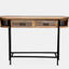 Console table in solid mango wood in natural finish with black metal legs and frame.