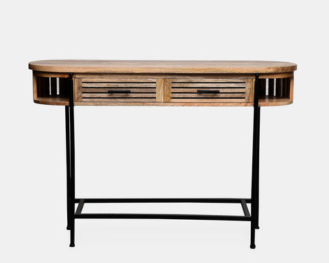 Console table in solid mango wood in natural finish with black metal legs and frame.