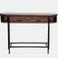 Console table in solid mango wood in brown finish with black metal legs and frame.