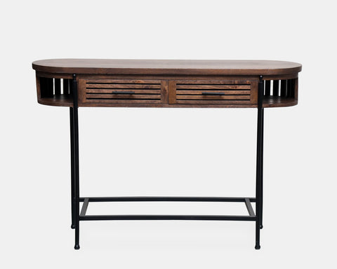 Console table in solid mango wood in brown finish with black metal legs and frame.