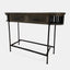 Console table in solid mango wood in dark olive finish with black metal legs and frame.