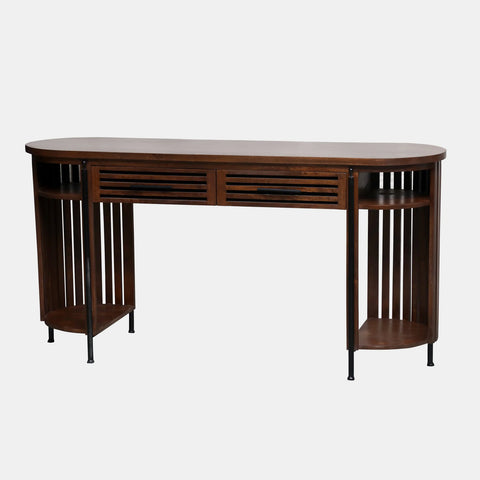  Solid mango wood desk with repeating pattern ribbing on sides in brown finish.