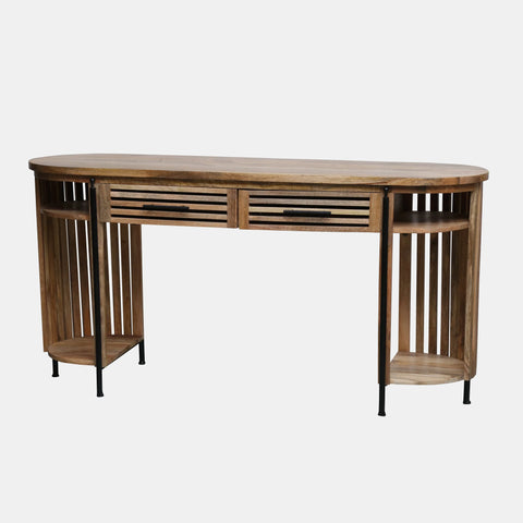  Solid mango wood desk with repeating pattern ribbing on sides in natural finish.