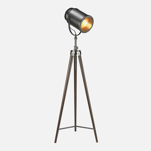 Photographer floor lamp with wooden tripod base, and antique brass finish