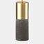 Table lamp with concrete and gold base and black fabric shade. view of base