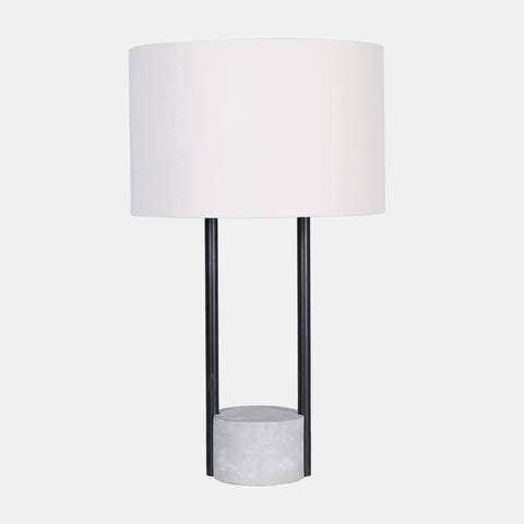 modern industrial concrete and black accent table lamp featuring a white linen shade.