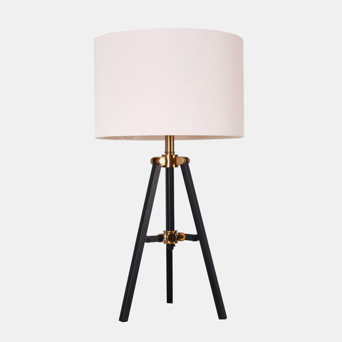 Tripod table tamp with black base and white linen shade