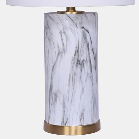 Faux Marble base table lamp with gold accents & off-white linen shade, detail of faux marble base & accents