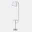 Floor Lamp with side table, gold arm and white shade view from side