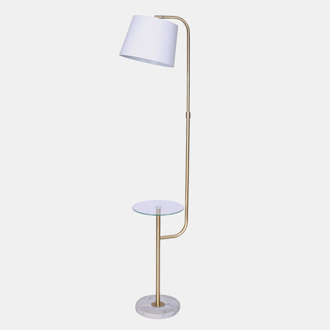 Floor Lamp with side table, gold arm and white shade view from side