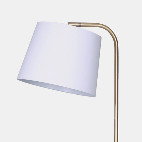 Floor Lamp with side table, gold arm and white shade view of shade