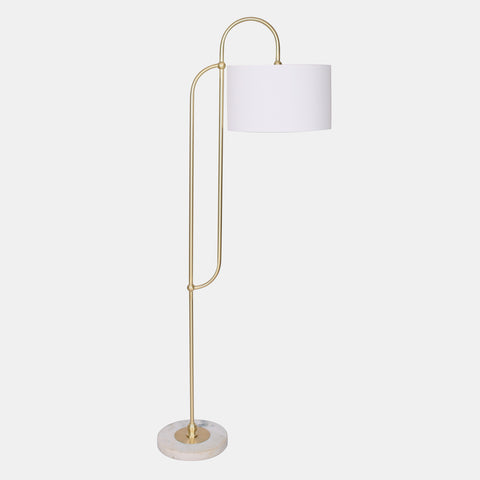 Arched floor lamp in traditional contemporary and mid century style in brushed gold with an off white linen shade.