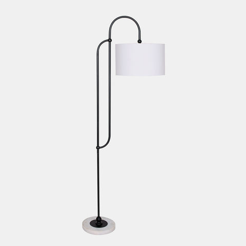 Arched floor lamp in traditional contemporary and mid century style in matte black with an off white linen shade.