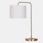 retro inspired table lamp. white linen shade with industrial gold metal arm and base.