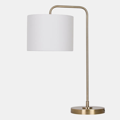 retro inspired table lamp. white linen shade with industrial gold metal arm and base.