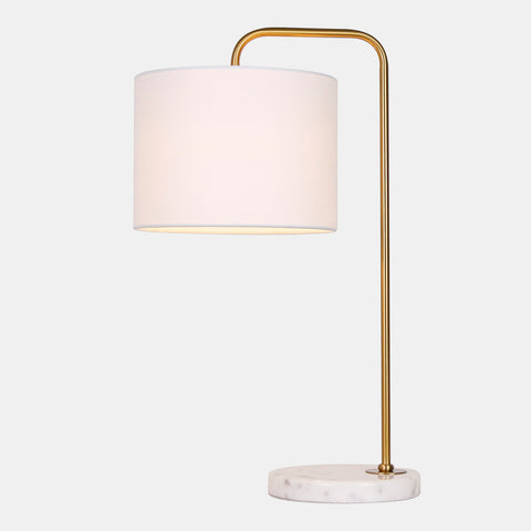 retro inspired table lamp. white linen shade with industrial gold metal arm on white marble base.