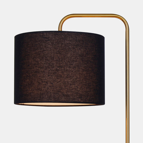 retro inspired table lamp. Brown linen shade with industrial gold metal arm on black marble base. detail of shade