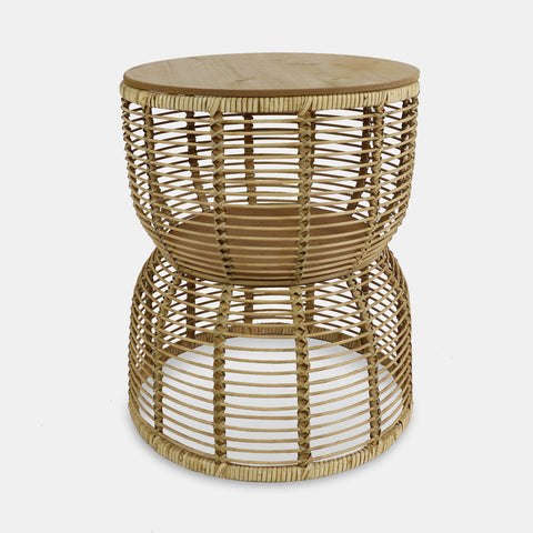 Boho-Chic side table in handwoven bamboo, with laminated MDF top.