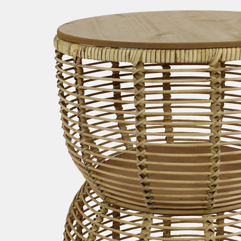 Boho-Chic side table in handwoven bamboo, with laminated MDF top. Top detail.