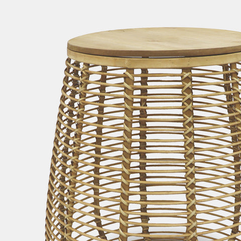 Boho-Chic side table in handwoven bamboo, with laminated MDF top. Top detail.