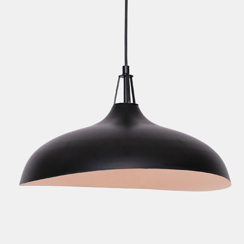 Matte black metal pendant lamp with a black cord and black canopy. close-up of shade