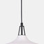 Matte white metal pendant lamp with a black cord and black canopy. detail of shade