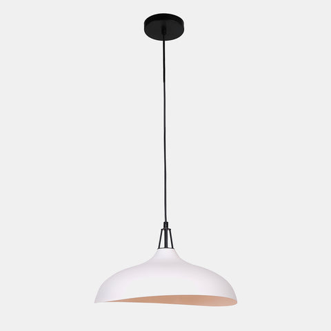 Matte white metal pendant lamp with a black cord and black canopy.