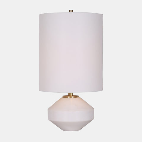 White marble base table lamp, with vibrant white shade.