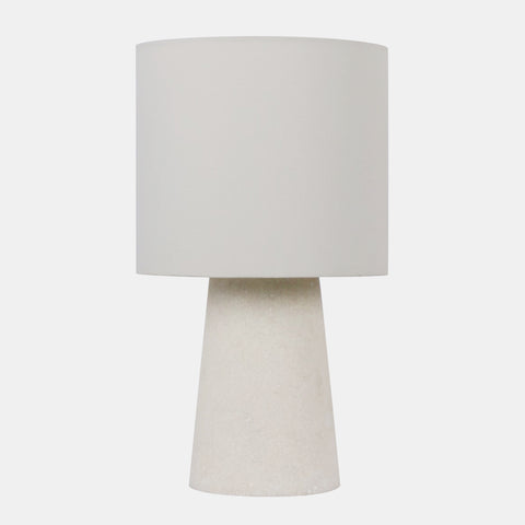  Table lamp with off-white drum shade and white quartz base.