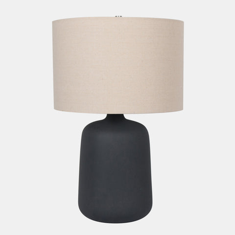  Ceramic Table Lamp with beige drum shade, and black vase-shaped base.