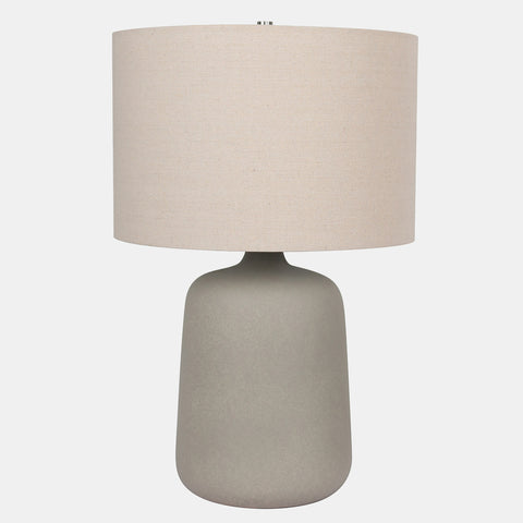  Ceramic Table Lamp with beige drum shade, and grey vase-shaped base.