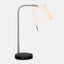 Stainless Steel arm & off-white linen shade task lamp with a black base including a USB port.