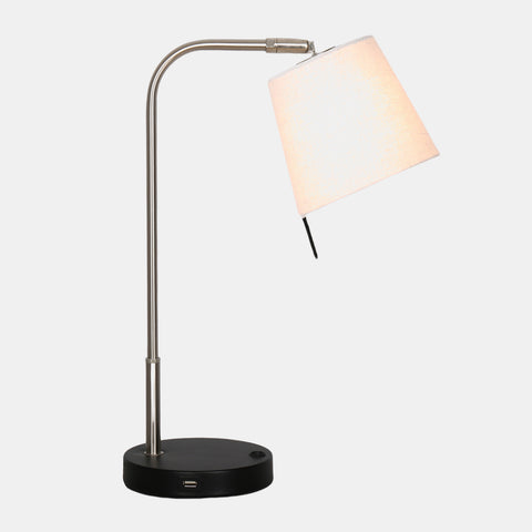 Stainless Steel arm & off-white linen shade task lamp with a black base including a USB port.