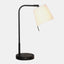 Black arm & off-white linen shade task lamp with a black base including a USB port.