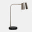 Stainless steel arm & shade task lamp with a black base incluing a USB port.