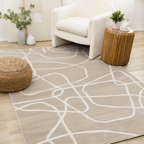 Leo Rug - Beige Organic Lines in living room setting