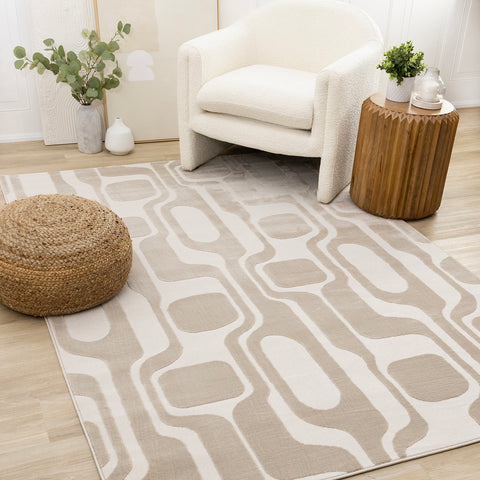 Leo Rug - Beige Mid-Century Modern in living room setting